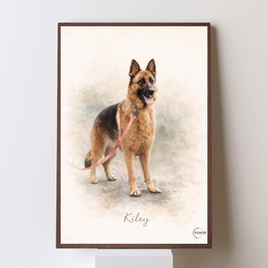 May include: Watercolor-style portrait of a German Shepherd dog with a pink leash, set in a brown framed print. The dog is tan and black, with its tongue out. The name "Kiley" is written below the dog.