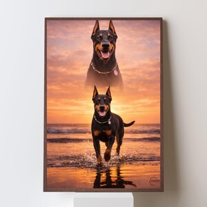 K&ouml;nnte beinhalten: Gerahmter Druck mit zwei Bildern eines Dobermanns vor einem Sonnenuntergang. Das obere Bild zeigt den Kopf und die Schultern des Hundes, w&auml;hrend das untere Bild den Hund im Wasser zeigt. Der Hund tr&auml;gt ein Halsband.