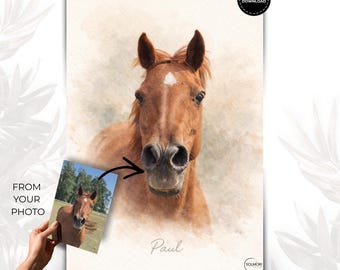Personalisierte Pferdeportrait-Wandkunst vom Foto, realistische Aquarell-Illustration mit individuellem Namen hinzugefügt, 8K Print Datei, digitaler Download in 48h