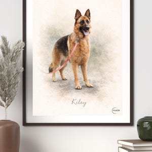 May include: A framed watercolor print of a German Shepherd dog with a red leash. The dog is tan and black, standing with its tongue out. The name "Kiley" is written below the dog.