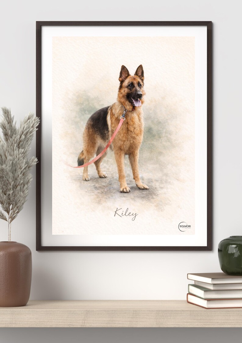 May include: A framed watercolor print of a German Shepherd dog with a red leash. The dog is tan and black, standing with its tongue out. The name "Kiley" is written below the dog.