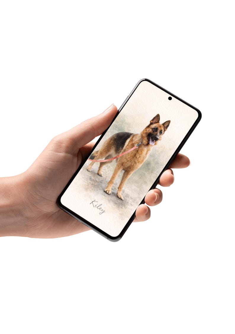 May include: A smartphone displays a watercolor-style image of a German Shepherd dog with a pink leash. The dog is tan and black, with its mouth open. The name "Kiley" is written below the dog.