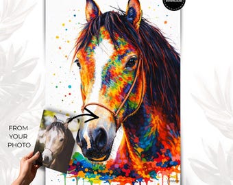 Pferd Pop-Art Aquarell Portrait, Bunter Watercolor Ink Poster, Moderne Tierkunst, Wanddeko, Digitaler Download 8K, personalisiert nach Foto