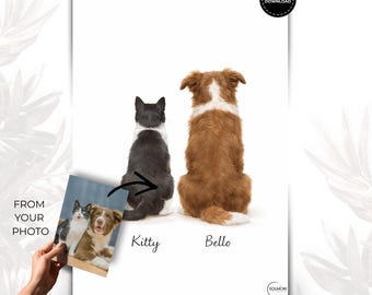 Personalisiertes Haustier Portrait als Wandposter, Hund & Katze beste Freunde im Aquarell Stil, moderne Illustration, 8K Datei in 48h