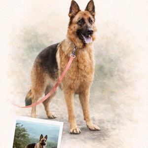 May include: A watercolor-style portrait of a German Shepherd dog with a pink leash. The dog has a black and tan coat and is standing on a light-colored surface. A smaller photo of the dog is in the lower left corner, with the name "Kiley" written below.