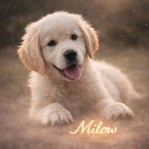 May include: A golden retriever puppy with light beige fur lies on the ground, looking at the viewer with a happy expression. The puppy's pink tongue is visible. The name "Milow" is written in a glowing script. The background is blurred.