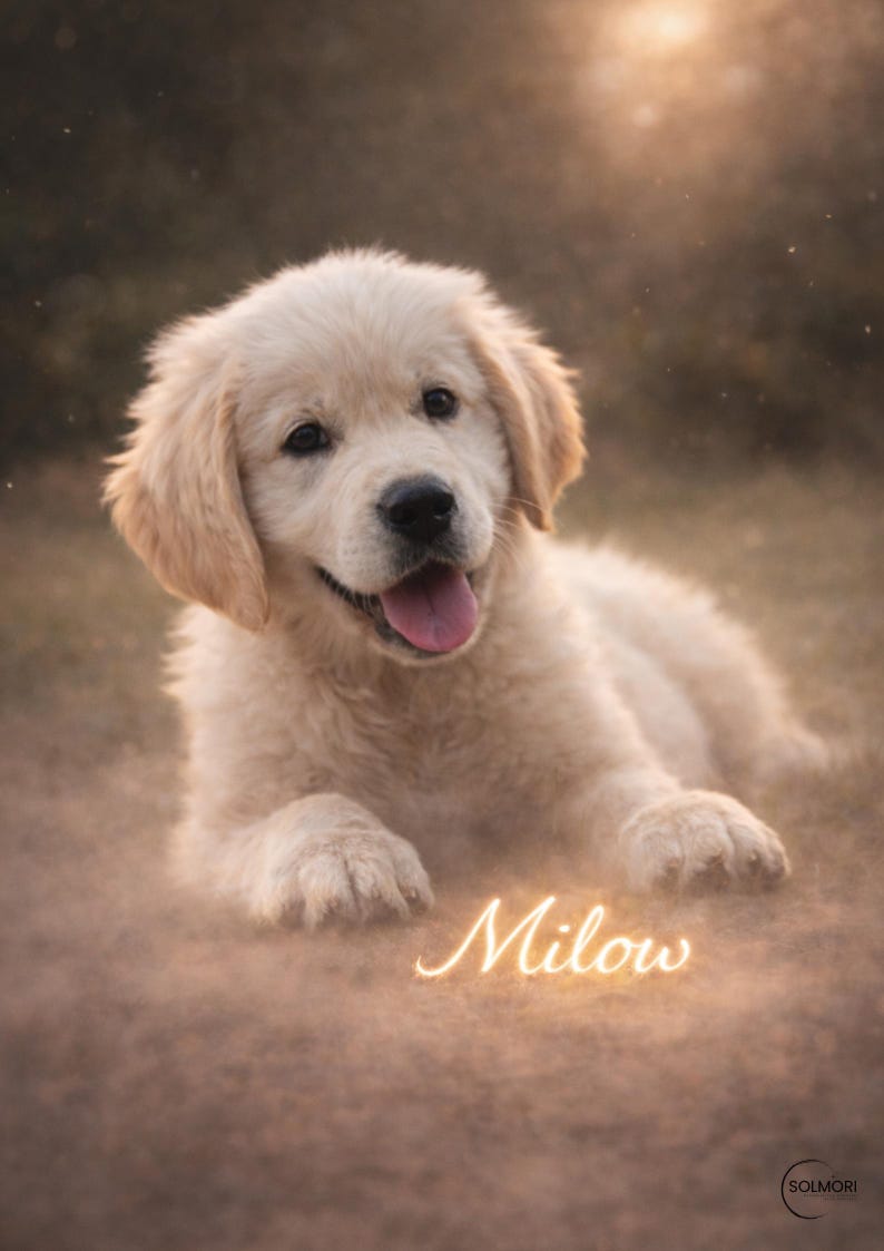May include: A golden retriever puppy with light beige fur lies on the ground, looking at the viewer with a happy expression. The puppy's pink tongue is visible. The name "Milow" is written in a glowing script. The background is blurred.