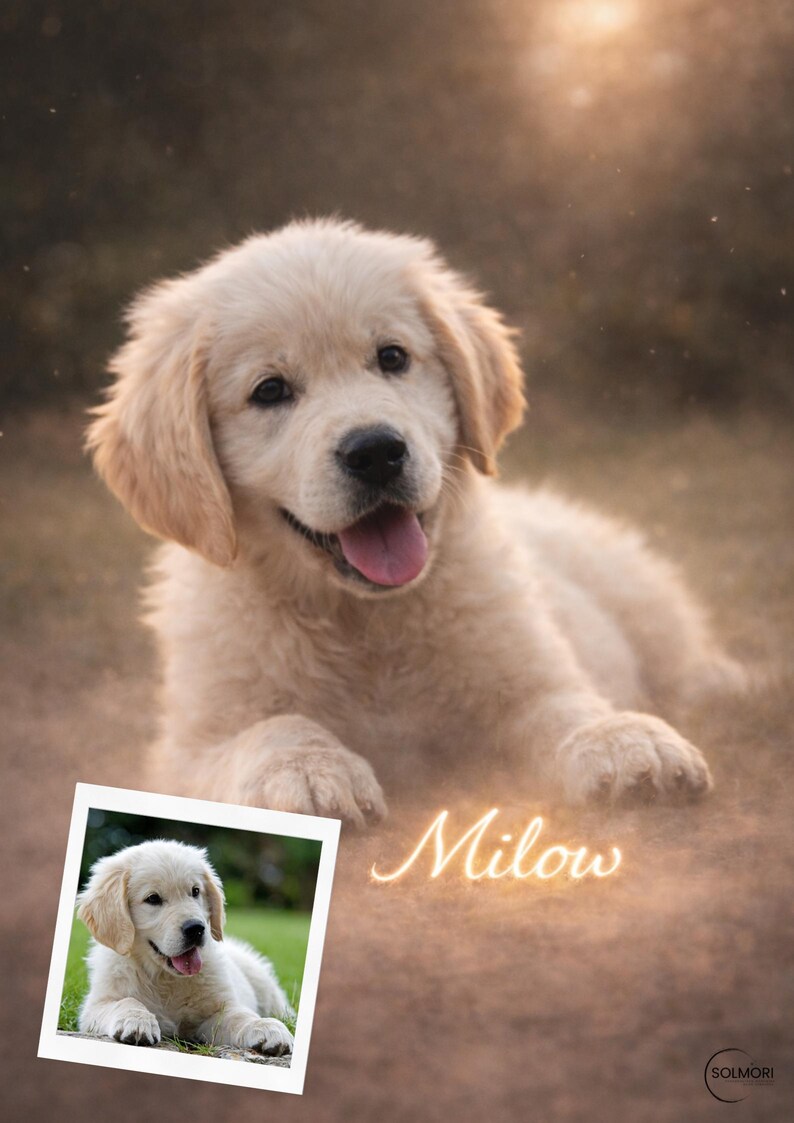 May include: A golden retriever puppy with light-colored fur, lying down with its tongue out. A smaller framed image of the puppy is in the lower left corner. The name "Milow" is written in cursive.