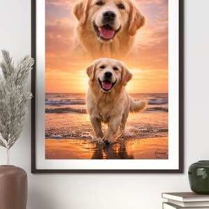 K&ouml;nnte beinhalten: Gerahmter Druck mit zwei Golden Retrievern. Einer ist eine Nahaufnahme des Gesichts des Hundes, der andere zeigt den Hund, der bei Sonnenuntergang im Meer rennt. Das Bild hat warme Orange- und Goldt&ouml;ne und erzeugt eine friedliche und fr&ouml;hliche Szene.
