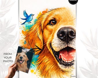 Spersonalizowana akwarelowa grafika ścienna z psem, plakat z portretem zwierzaka w żywych kolorach, gotowy do druku w rozdzielczości 8K, do pobrania w wersji cyfrowej