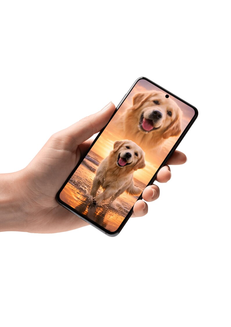 K&ouml;nnte beinhalten: Ein Smartphone zeigt ein Bild von zwei Golden Retrievern. Einer ist eine Nahaufnahme, der andere rennt bei Sonnenuntergang durch Wasser. Das Telefon wird in einer Hand vor wei&szlig;em Hintergrund gehalten.
