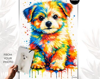 Portret psa w stylu pop-art, akwarela, plakat z żywym tuszem, kolorowa sztuka ścienna, nowoczesna ilustracja zwierzaka, cyfrowe pobieranie w rozdzielczości 8K, spersonalizowane ze zdjęcia