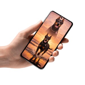 K&ouml;nnte beinhalten: Ein Smartphone zeigt ein Bild von zwei Dobermann Pinschern. Einer rennt im Wasser, der andere ist im Hintergrund. Der Hintergrund ist ein Sonnenuntergang in Orange- und Gelbt&ouml;nen.