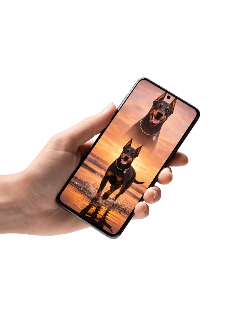 K&ouml;nnte beinhalten: Ein Smartphone zeigt ein Bild von zwei Dobermann Pinschern. Einer rennt im Wasser, der andere ist im Hintergrund. Der Hintergrund ist ein Sonnenuntergang in Orange- und Gelbt&ouml;nen.
