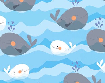 Snuggly Fabric Choose Your Cut Light Blue Whales Minky Michael Miller Polyester 58 wide SMZ7673-LBLU Ocean Soft