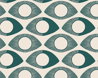 May include: A seamless pattern featuring teal blue stylized eyes with radiating lines on a cream background.