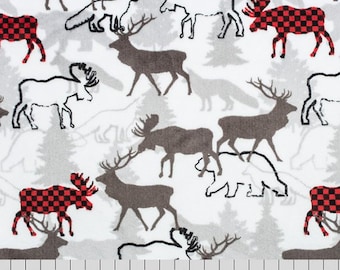Tecido Forest Park Digital Cuddle® na cor Scarlet - MINKY da Shannon Fabrics, com pelo de 2,5 mm.