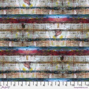 May include: A fabric swatch featuring a horizontal striped pattern with abstract textures in shades of red, teal, yellow, and white. A white ruler at the bottom shows a scale of 12 inches, indicating the repeating design across the textile surface.