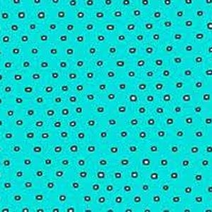 May include: A close-up of a turquoise fabric with a repeating pattern of small, irregularly shaped black dots. The dots are evenly spaced across the surface, creating a textured appearance. The fabric appears to be soft and lightweight.
