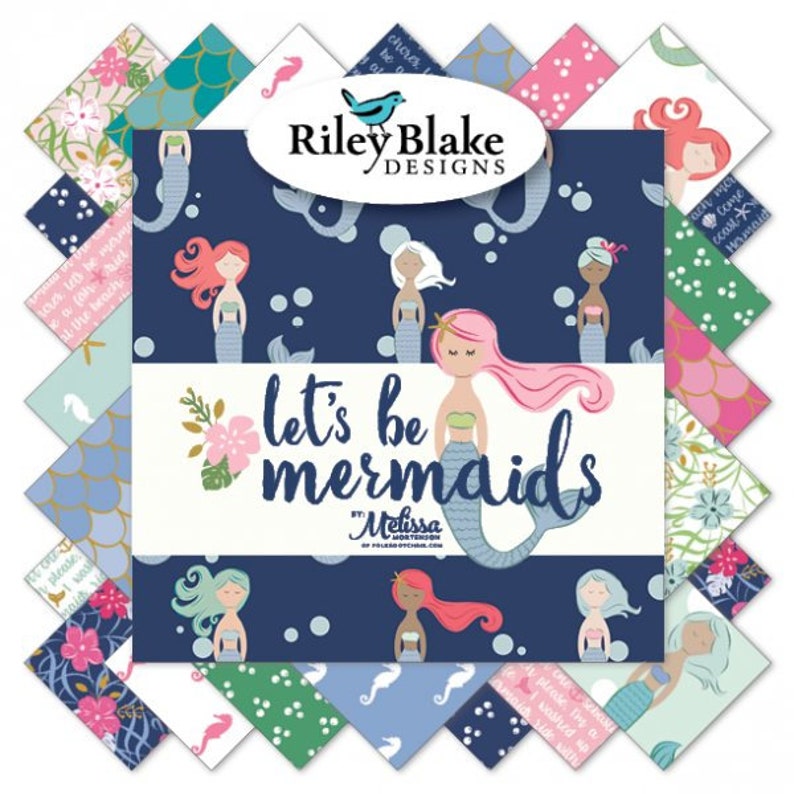 in Navy Blue from Let/'s Be Mermaids Collection by Riley Blake 25/% OFF CLEARANCE SALE Metallic Mermaid Panel approx 36x44