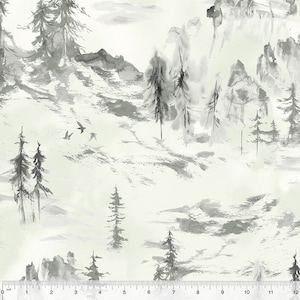 May include: A watercolor painting of a snowy mountain landscape with trees and birds in flight. The background is a light green color, and the mountains and trees are painted in shades of gray.
