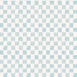 May include: A seamless pattern with a checkered design. The squares are filled with a light blue pattern of curved lines. The background is a light cream color.