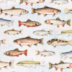 May include: A seamless pattern featuring a variety of colorful fish on a white background. The fish are drawn in a realistic style and include trout, bass, and other species.