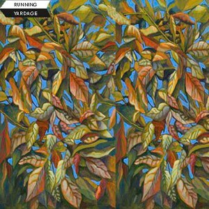 May include: A fabric swatch featuring a repeating pattern of autumn leaves in shades of orange, yellow, brown, and green against a bright blue sky. A black rectangular label in the top left corner contains the white text RUNNING YARDAGE.