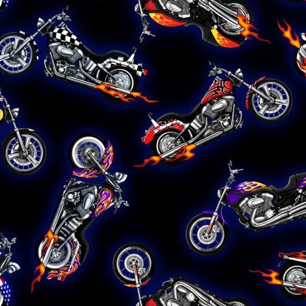 Chopper Motorcycles on Black from the In Motion Collection by Elizabeth's Studio Fabrics