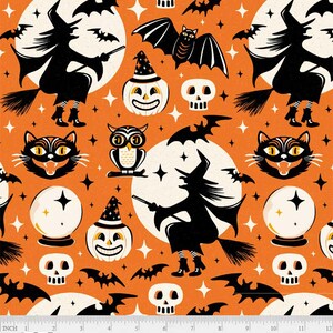 May include: Orange Halloween-themed fabric with repeating patterns of witches on brooms, bats, cats, owls, pumpkins, skulls, and crystal balls. White moons and stars fill the background. The fabric has a vintage, retro style.