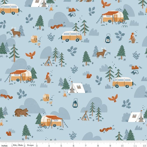 Camping Main in Sky Blue from Camp Woodland Collection by Riley Blake - You Choose the Cut - 100% Cotton Fabric