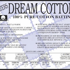 Richiesta di cotone naturale IMBOTTITURA PER CULLA (circa 46"x60") da Quilters Dream Batting - Prodotto negli USA - 100% cotone Thin Loft