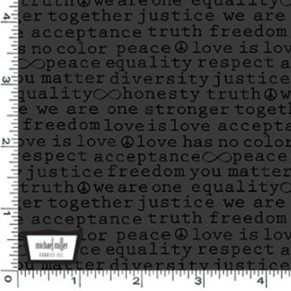 Peace and Harmony Words Affirmations in Charcoal from Graydations Collection by Michael Miller- 100% High Quality Cotton Fabric