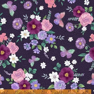 Mariposas y flores en color berenjena de la colección In Bloom de Windham Fabrics: tela 100 % algodón