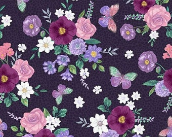 Butterflies and Blooms in Aubergine from In Bloom Collection by Windham Fabrics - 100% Cotton Fabric