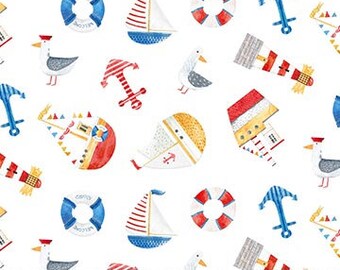 Nautical Toss on White from the Out to Sea Collection by Hafsa Iftikhar for Northcott Fabrics - 100% Cotton