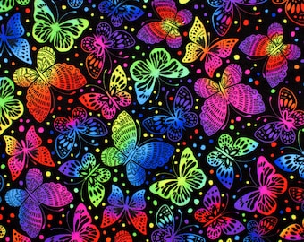 May include: A black fabric with a repeating pattern of colorful butterflies. The butterflies are outlined in black and have a rainbow gradient.
