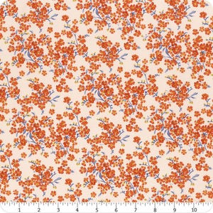 May include: A fabric with a repeating floral pattern. The design features clusters of small orange flowers with yellow centres and blue stems against a cream-coloured background. The pattern is dense and covers the entire surface.