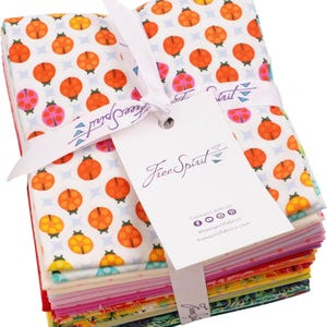 May include: A stack of 12 colorful fabric squares with a ladybug print, tied with a white ribbon and a Free Spirit Fabrics tag. The tag has the company's logo and social media information.