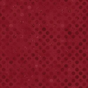 May include: A deep red fabric or paper surface featuring a repeating pattern of dark maroon polka dots. The dots are arranged in a grid-like formation across the entire field, displaying a subtle, slightly distressed or textured appearance.