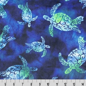 May include: Fabric with a repeating pattern of sea turtles in shades of blue and green. The turtles have detailed shell patterns and are set against a dark blue, watercolor-like background. The fabric is suitable for various craft projects.