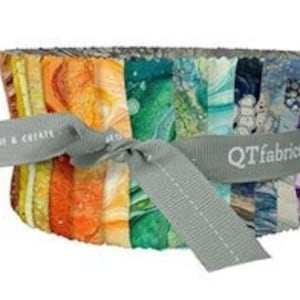 May include: A pack of 42 fabric squares, each measuring 2.5 inches by 2.5 inches, featuring a variety of colorful abstract patterns. The fabric squares are tied together with a gray ribbon and labeled "QT Fabrics".