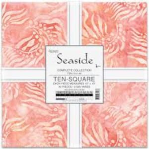 May include: A stack of ten-inch fabric squares from the "Seaside" collection by Robert Kaufman. The squares feature a coral and white batik design. The package is labeled "Ten-Square" and contains 42 pieces, each measuring 10 x 10 inches.