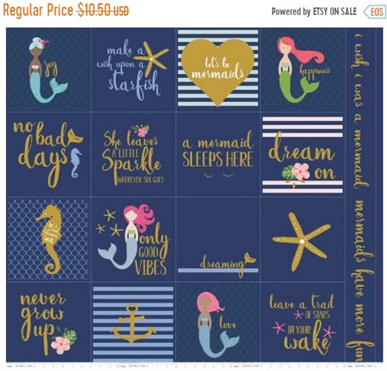in Navy Blue from Let/'s Be Mermaids Collection by Riley Blake 25/% OFF CLEARANCE SALE Metallic Mermaid Panel approx 36x44