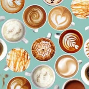 May include: A variety of coffee drinks in white mugs with different latte art designs on a light blue background.