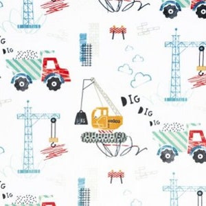 May include: A white background with a repeating pattern of construction vehicles, including a yellow crane, a red truck, and a blue crane. The pattern also includes clouds, lines, and the word "DIG" repeated throughout.