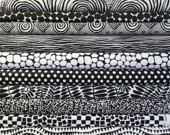 Kaffe Fassett FABRIC BUNDLE SET in Black & White From Free Spirit - 10 Fabrics Total- 100% High Quality Cotton- Patterns Vary