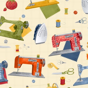 May include: A cream-colored fabric with a repeating pattern of vintage sewing machines, spools of thread, buttons, scissors, and irons. The sewing machines are in various colors, including red, yellow, and green. The fabric has a grid pattern and the text "Common Threads" is printed at the top.