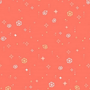 Può includere: Sfondo color corallo con un motivo ripetuto di forme geometriche e stelle bianche, dorate e arancioni chiare. Il design include piccoli punti e linee, creando un effetto stravagante e decorativo.