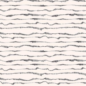May include: A seamless pattern of wavy lines made up of small black dashes on a light beige background.